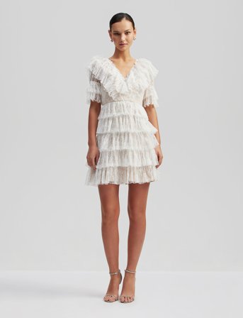 Malina Sky V-Neck Frill Mini Lace Dress - White - S