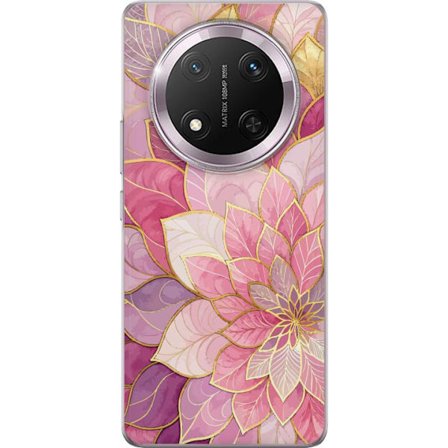 Kompatibelt Mobildeksel til Honor Honor Magic7 Lite Rosa og lilla blomstermønster med gyldne detaljer - Elegante mandala-inspirerte motiv