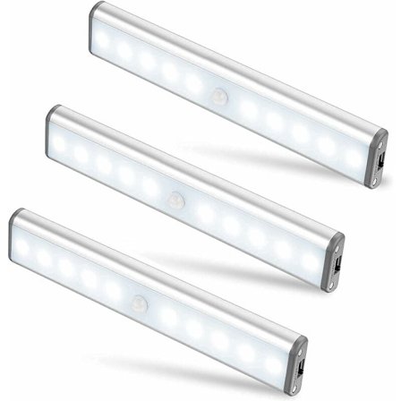 3-pakning 10 LED Trådløse USB Oppladbare Magnetiske Bevegelsessensor Lys - 2 Moduser, Bærbar for Skap, Nødssituasjoner, Nattlys for Barn