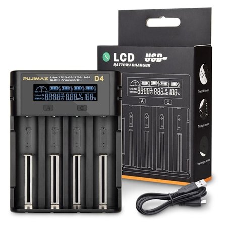 21750 21700 lader, 4 NiMH slots 18650 NiCd lader AA AAA 20700 22700 22650 26650 26700 16340 (RCR123) 17500 17650 17670 batteri med PCB-beskyttelse