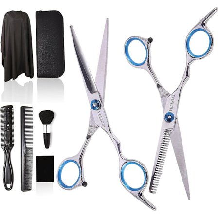 Hiustenleikkaussakset-sarja, 11 osaa ammattimaista hiustenleikkaussakset-sarjaa, jossa leikkaussakset, ohennussakset, kaulaharja, kampa, parturikampa,