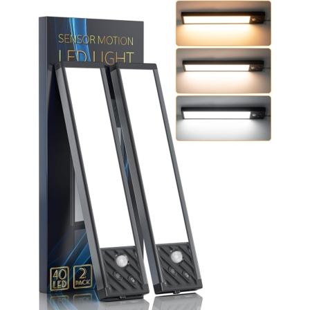 (Svart)Oppladbare 40 LED-skaplys, batteridrevet, 3 farger dimbare, bevegelsessensor, trådløst magnetisk nattlys for kjøkken, garderobe, skuff (2-