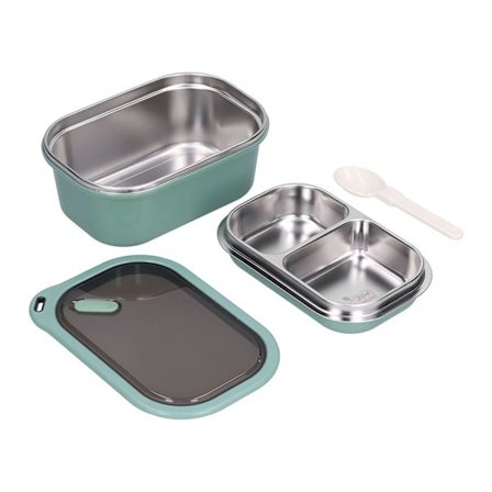 Rustfri Stål Bento Boks, 1.2L Dobbelt Lag Lækagesikker Madbeholder til Voksne og Børn Firkantet Madopbevaringsboks med Aftagelig Ske (Grøn)
