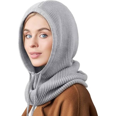 Vinterhuer til kvinder Balaclava Strikket hue Skull Cap med snøre Varm hætte Halstørklæde Hue Lysegrå Light Grey_max
