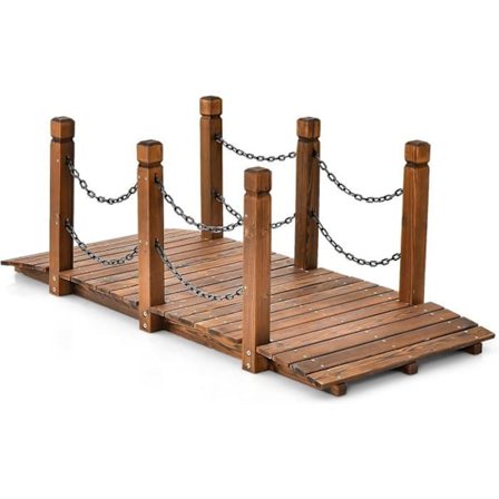 COSTWAY Fir Garden Bridge 150 x 67 x 55 cm hiilihapotettu turvaketjuilla purolle, puutarhaan, pihalle, kuorma 225 kg