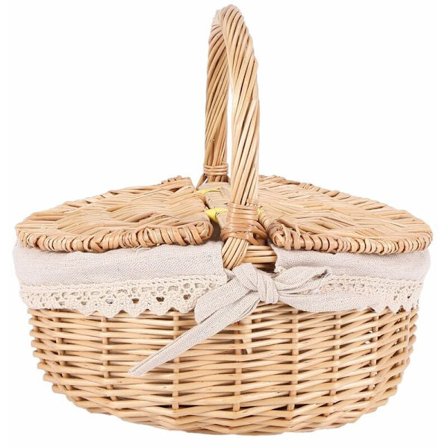 Håndlaget flettet kurv med håndtak Flettet camping piknikkurv med doble lokk Oppbevaringskurv med stofffor