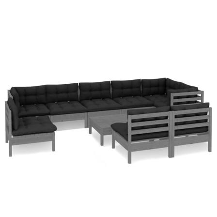 Vidaxl Loungegrupp Med Dynor 10 Delar Grå Massiv Furu Grå