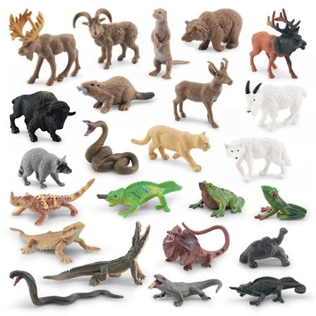 24 stk. Villdyrfigurer Sett, PVC Realistiske Dyrefigurer Inkludert Panter, Vaskebjørn, Kobra, Elg, Krokodille, Frosk og Mer, Pedagogisk Villmark