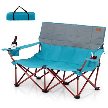 COSTWAY Dobbelt Foldseng Havemøbel, Becherholder, Belastning 300 kg, Camping-sofa til Picnic, Strand, Blå