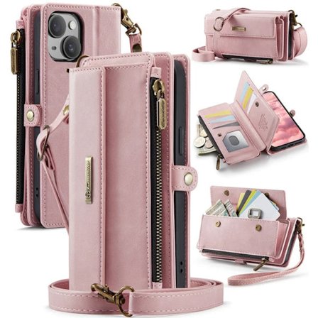 Caseme iPhone 15 Konstläder Plånboksfodral RFID-Skydd Zipper - Rosa