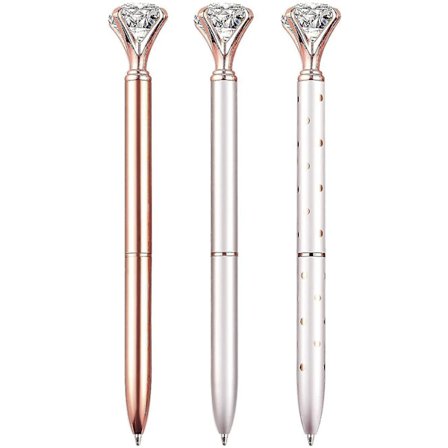 3 Pcs Bling Big Crystal Diamond Ballpoint Pen Metal Ballpoint Pens For Office Supplies Gift, Rose Gold/silver/white With Rose Polka Dots/, Includes 3
