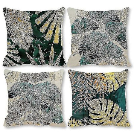 Kuddfodral 45cm X 45cm Set Om 4 Grön Och Guld Blad Dekorativa Örngott 18x18" Linne Fyrkantigt Kuddfodral För Utemöbler Trädgård Vardagsrum-