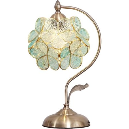 Tiffany-stil bordlampe med farvet glas og messingfod til boligindretning (lyseblå, 8-tommer kirsebærblomstdesign)