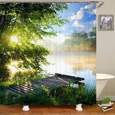 Naturbilder Duschdraperi Tidig Morgon På Fiskebryggan Vid Floden Med Moln Och Träd Landskapstyg Hotell Hög Kvalitet Dekorativt Badrum Med 12 Krokar 69