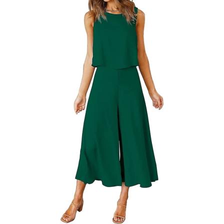 Roylamp sommerantrekk for kvinner i 2 deler Rundhalset Crop Basic Topp Beskåret buksesett med brede ben, Jumpsuits Dark Green Medium