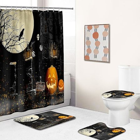 Halloween badrum duschdraperi set, Halloween 4-delad badrum set med halkfria mattor, toalettlock, badmatta, duschdraperi (skräckskelett