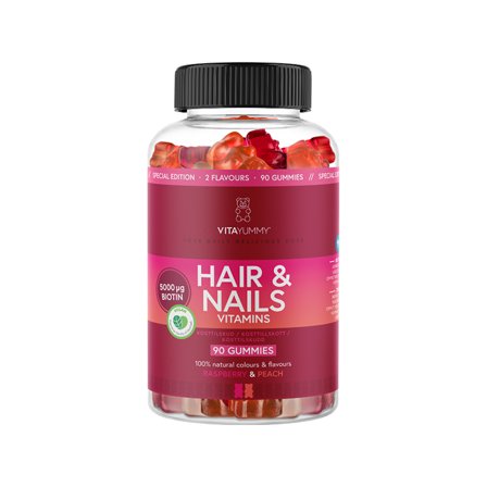 Multivitamin VITAYUMMY Hår & negle Vitaminer 90 Gummies Hindbær og Fersken - Bodyman.dk