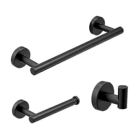 3 kylpyhuonetarvikkeen setti, 40 cm pyyhepidike, WC-paperiteline, koukku kylpytakeille, mattamusta