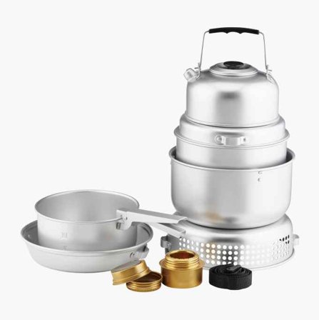 Biltema - Stormkjøkken 9 deler for Camping og Friluftsliv, inkluderer Kjeler, Stekepanne, Tallerken, Kanne med Lokk, Justerbar Brenner - Aluminium