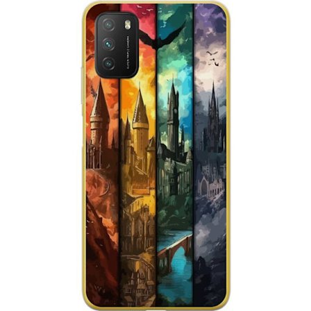 Kompatibel Mobilcover til Xiaomi Xiaomi Poco M3 Fire magiske slotte i forskellige elementfarver, episk fantasykunst med ild vand luft og mørke i det