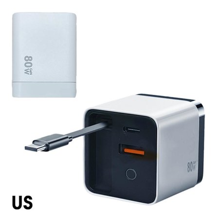 3 i 1 80 Watt Laddare, Skalbar 80w Max Snabbladdningsmodul med Typ C-kabel och 2 USB-portar, Infällbar 80 Watt Allt-i-ett Väggladdare