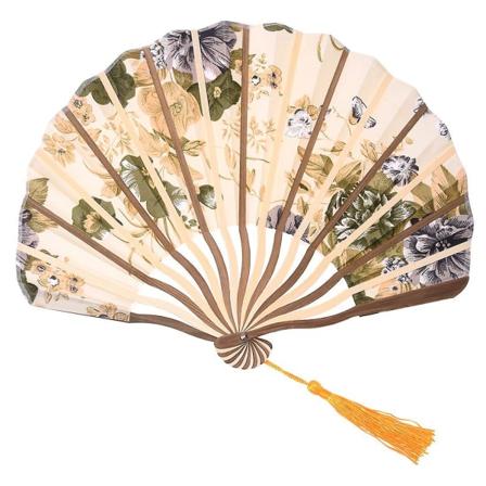 Klassisk Stil Blommig Tyg Bambu Vikbar Danshandfläkt Beige