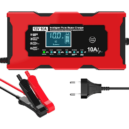 10A 12V LiFePO4 Batterioplader, Smart Batterioplader med Automatisk Reparationsfunktion og LCD-Skærm, Bilbatterioplader