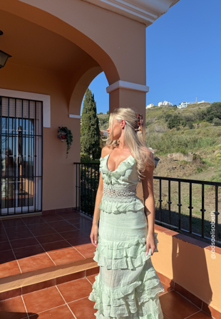 Bubbleroom Occasion - Crochet Waist Flounce Maxi Dress - Light green - Kläder