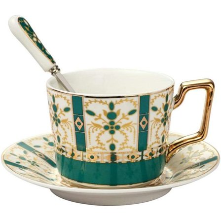 Porselen tekopp og skålsett Vintage porselen kaffekoppsett Kaffeekopp med skje God for spisestue og borddekor (Grønn blomst)