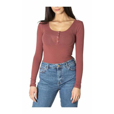 Pieces Button-Front Ribbed Top Brun, Dame