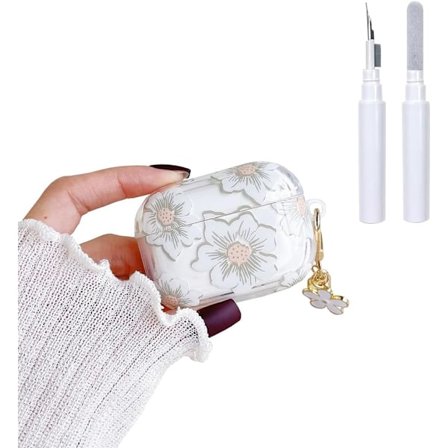 for AirPods 4. generasjons etui med nøkkelring+rensesett, Søtt klart glitter blomsterbeskyttende øretelefondeksel, Myk Transparen