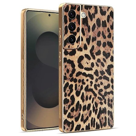 Deksel til Samsung Galaxy S22 5G med leopardtrykk, PU-lærbelagt PC+TPU elektroplettert telefondeksel