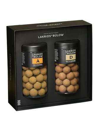Lakrids by Bülow Liquorice coated with milk chocolate and Liquorice coated with sea salt and dulce chocolate in a gift box 0.54kg
