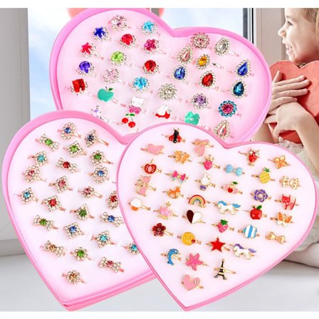 Små flickors ringar smycken i låda, justerbara, ingen dubbletter, Gi