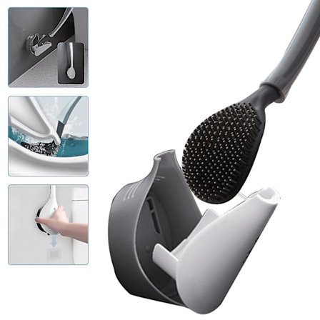 Toalettborste, toalettborste med integrerad avloppshållare, flexibelt borsthuvud för djuprengöring av toalettens hörn, väggmonterad (vit + svart)