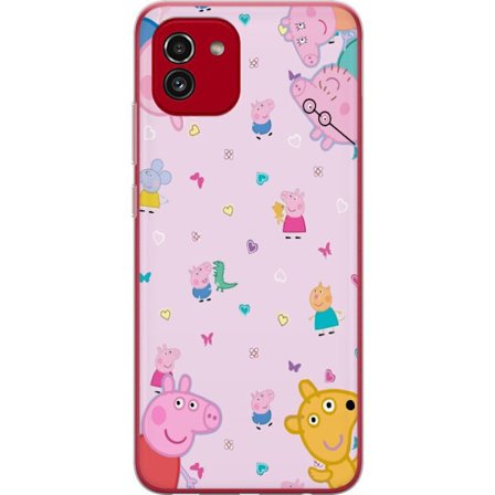 Kompatibel Mobilcover til Samsung Galaxy A03 Peppa Gris med en baby i armene, morgris motiv i farverig og blød børneillustration med hjerter