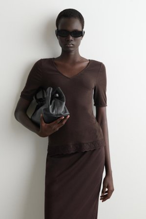 COS Women's Lace-Trimmed Ribbed V-Neck T-Shirt in Brown