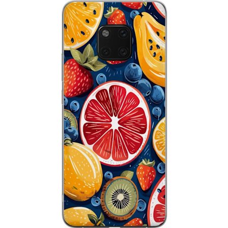 Kompatibelt Mobildeksel til Huawei Mate 20 Pro Detaljert fruktmønster med sitrus, kiwi, jordbær og blåbær på en mørk bakgrunn