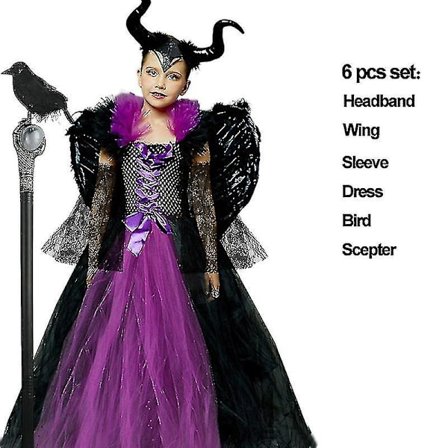 * Halloween Costume Maleficent Tutu Klänning För tjejer Cosplay Evil Queen Black Mesh Princess Dress Kids Crow Wand Maleficent