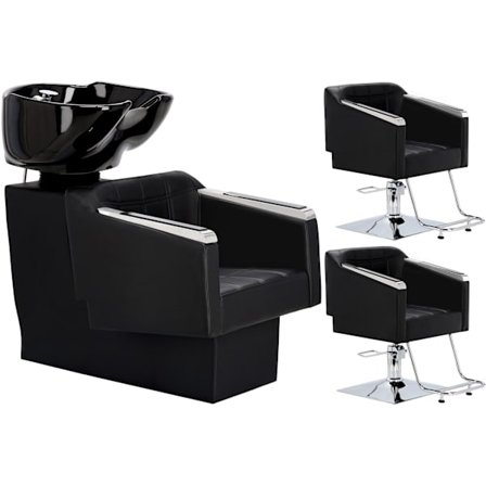 Pikos Set svart frisörsalong och 2 x hydraulisk frisörstol med fotstöd för frisörsalong rörlig keramikskål armatur batteri duschhuvud