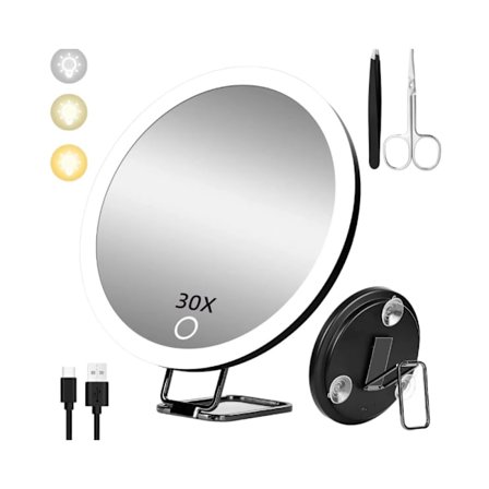 30x Forstørrelsesspeil med Lys, Oppladbart med Lys, 3 Fargemoduser Dimbar Belysning Reise Sminkespeil med Forstørrelse