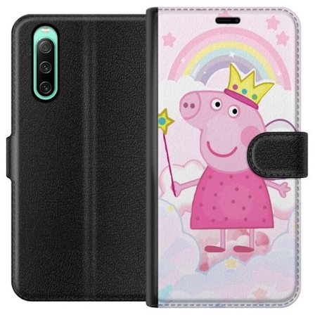 Yhteensopiva Lompakkokotelo Sony Xperia 10 IV Peppa Pig prinsessamotiivi kruunulla, siivillä ja sateenkaarella, satumainen lasten kuvitus pilvitaustal