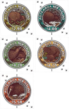 New Zealand - Runde Kiwi-frimærker - Postfrisk sæt 5v