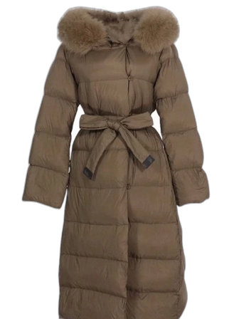 Lång beige/brun pufferjacka med päls