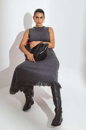 NA-KD Midikleid aus Strick mit asymmetrischem Saum - Strickkleider - Grau - XL (EU 46)