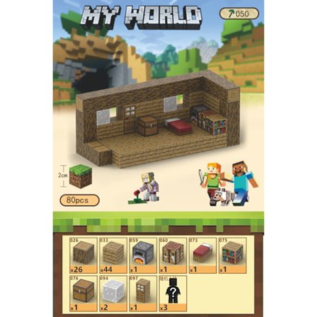 Minecraft byggklossar, magnetiska byggklossleksaker - trähus 80 byggklossar, 3 karaktärer