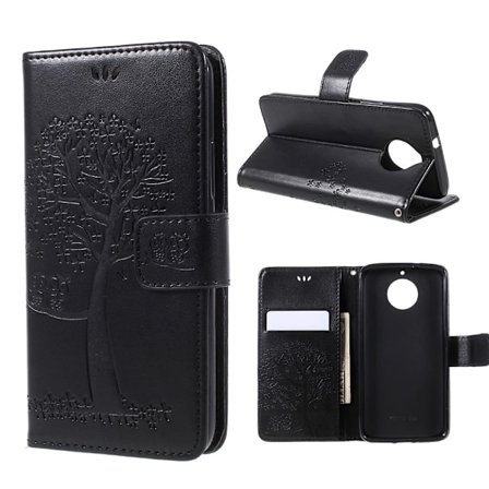 Motorola Moto G5S læder etui med et sødt ugle tryk - Sort