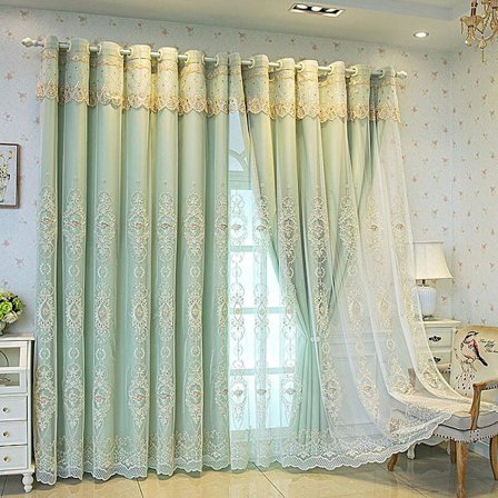 1 stk. Europeiske Doble Lag Gardiner med Volanger for Stue Soverom 3D Broderte Blomstergardiner Grønn 150x270 cm