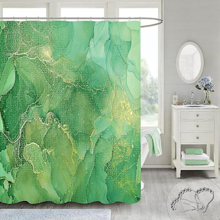 Grön Duschdraperi, Abstrakt Marmor Duschdraperi i Tyg för Badrum, Modernt Ombre Akvarell Bläck Konst Duschdraperi Set Med Krokar, 183 x 183 cm