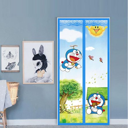 En del (Pressad Dingdang katt himmelsblå, ca 90*210cm) Magnetisk dörrskärm Dörrnät Mesh Anti Mygga Hands Free Passar dörr upp till Automatiskt